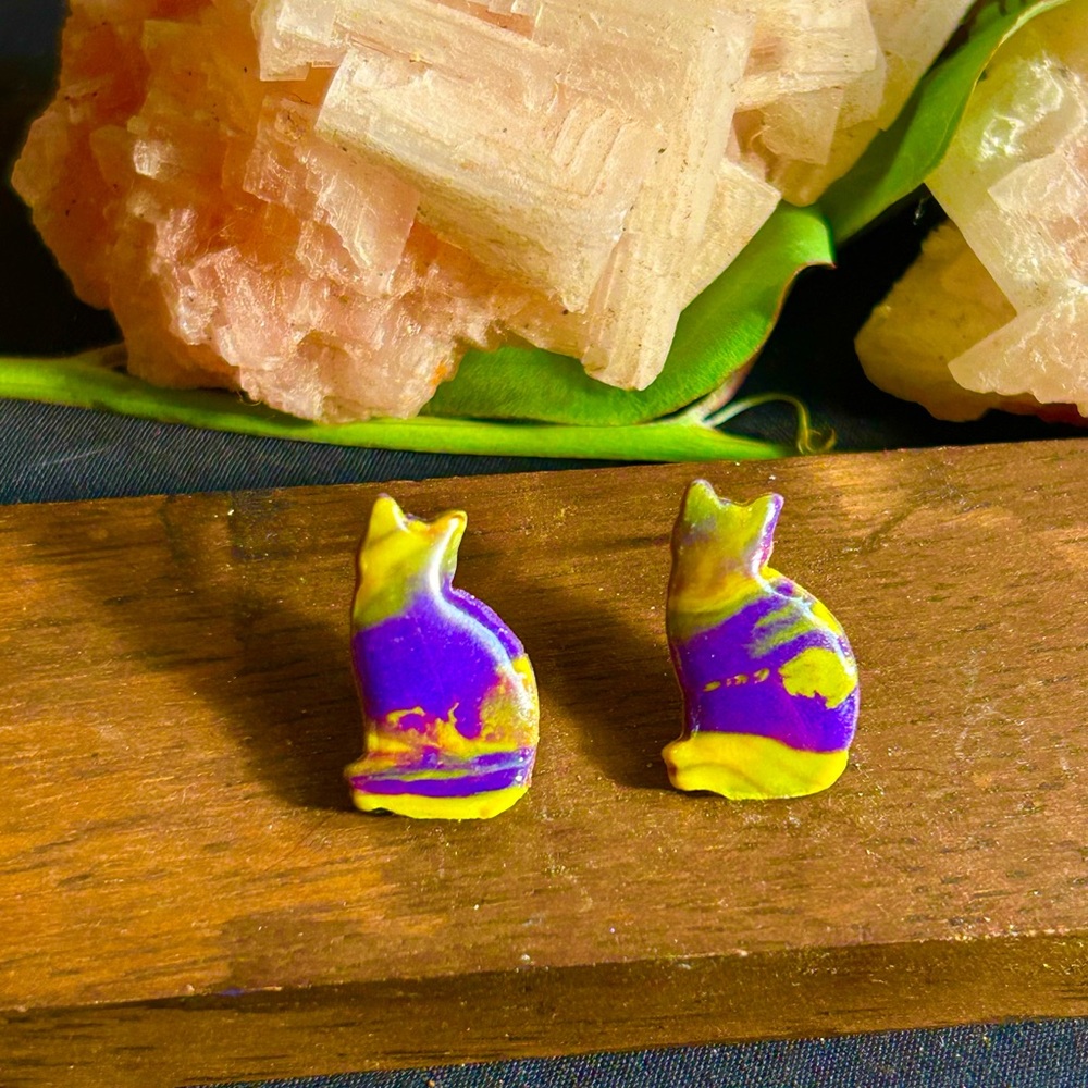 Purple and Yellow Marbled Cat Stud Earrings